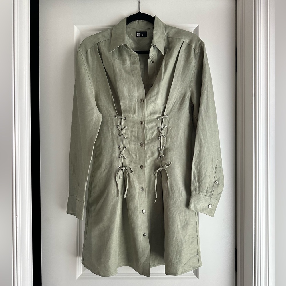 The Kooples Light Sage Button-Front Shirt Dress with Corset Side Ties